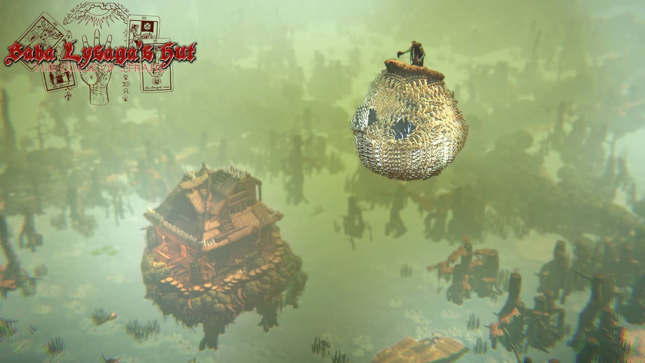 Giant skull suspended above the swamp beside the hut in pale green mist