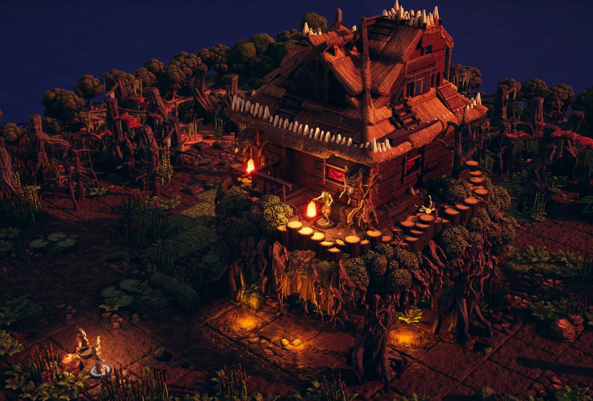 Elevated night view of the hut, glowing lanterns and surrounding swamp terrain
