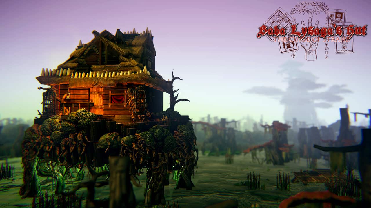 Raised wooden hut perched on a tangled mass of roots above the swamp