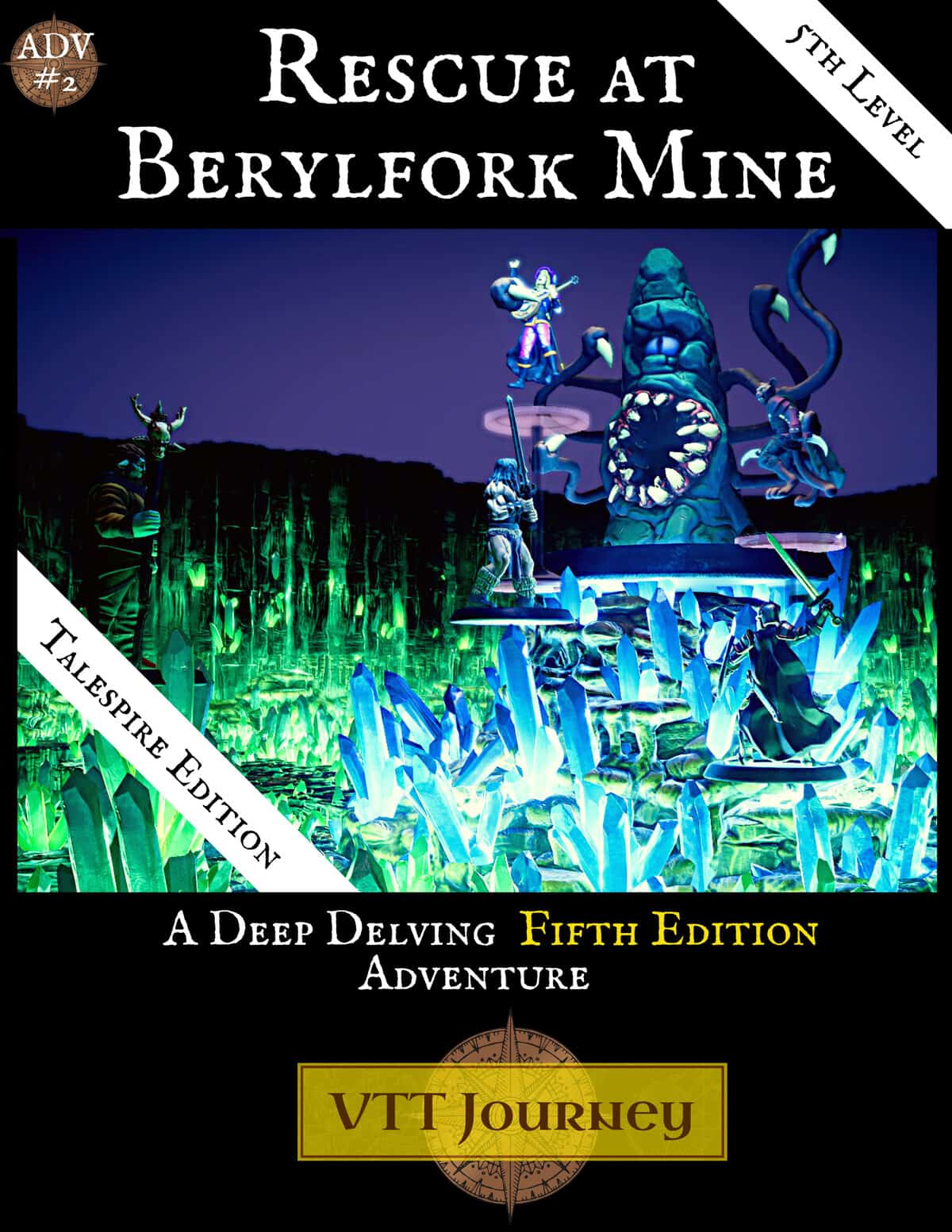 Rescue at Berylfork Mine adventure cover showing heroes confronting a tentacled monster among glowing crystals