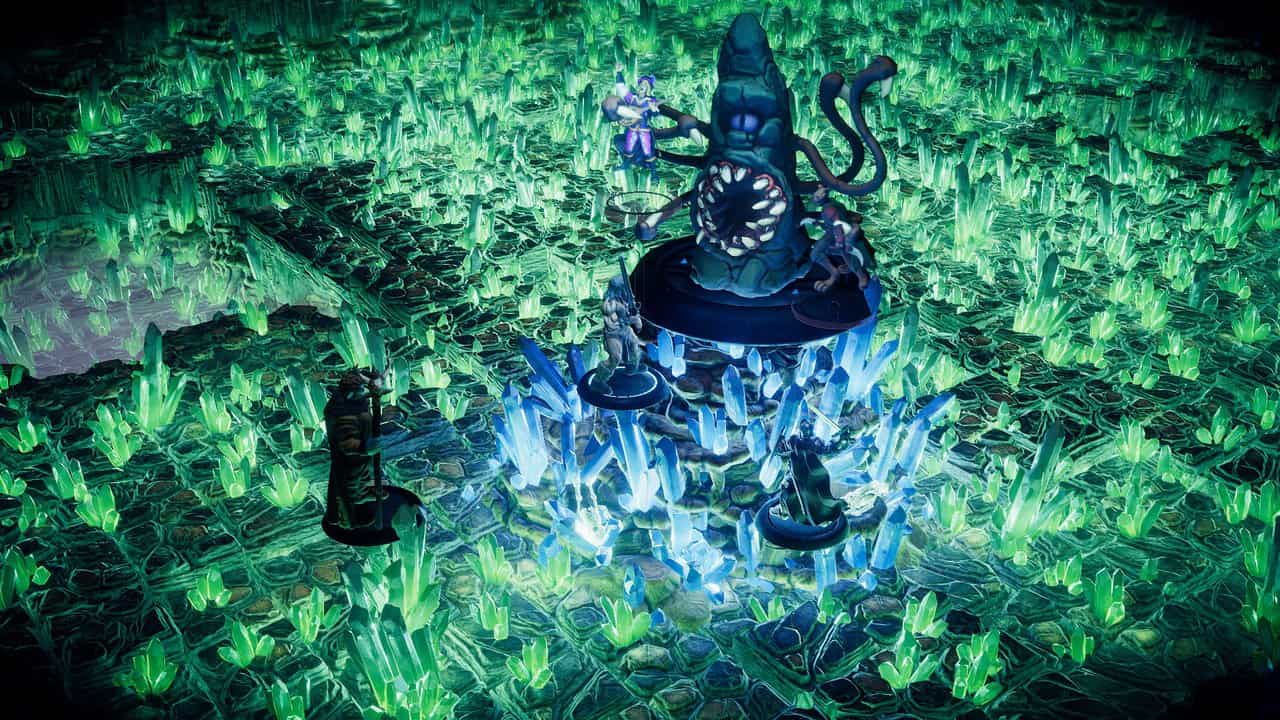 Heroes confronting a tentacled monster in a cavern filled with glowing green and blue crystals