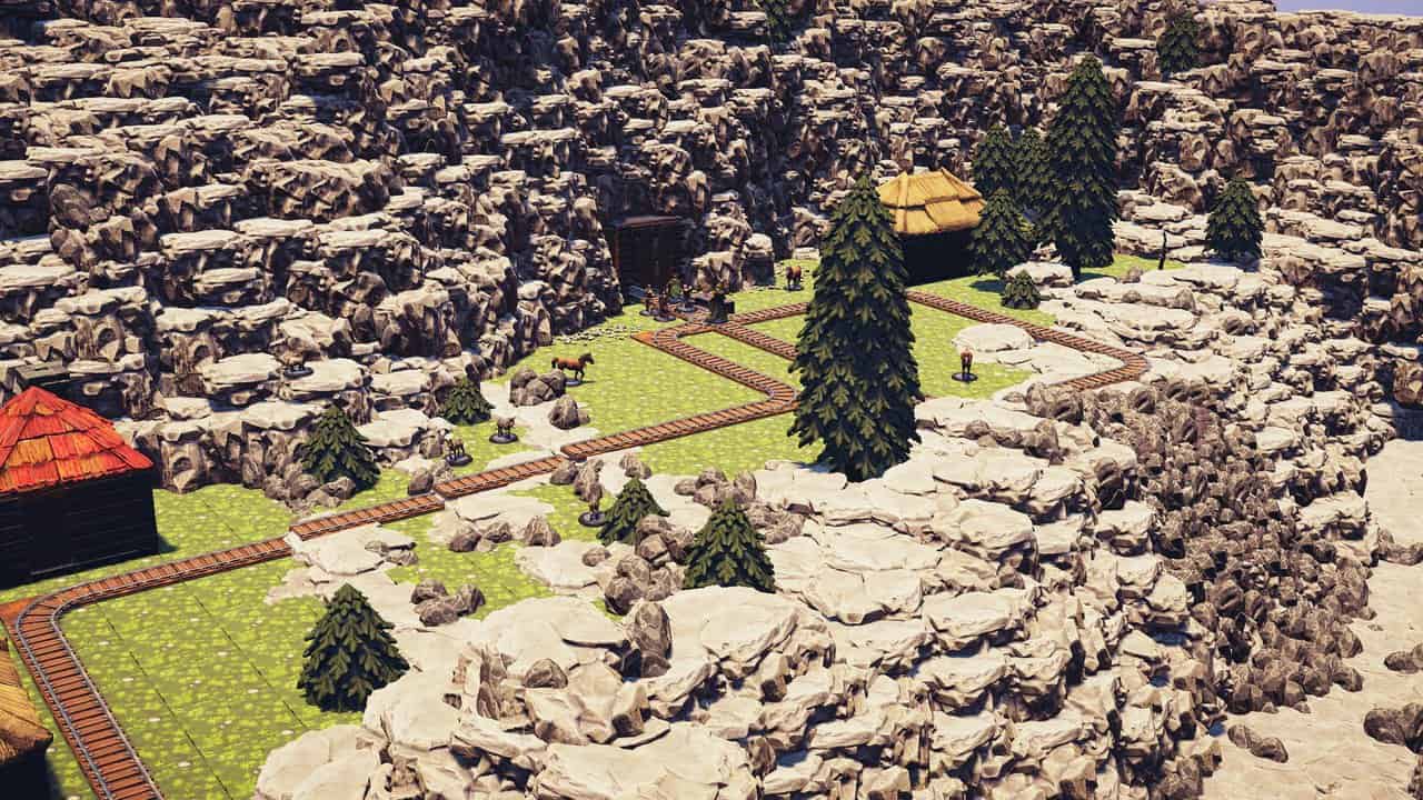 Outdoor mine entrance with rail tracks, timber buildings and pine trees beneath rocky cliffs