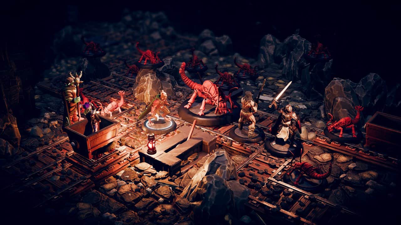 Adventurers surrounded by insect-like creatures among minecart tracks and rocky tunnels