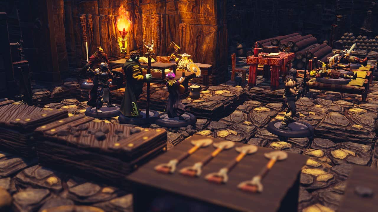 Torchlit miners' quarters with tables, beds, supplies and adventurers