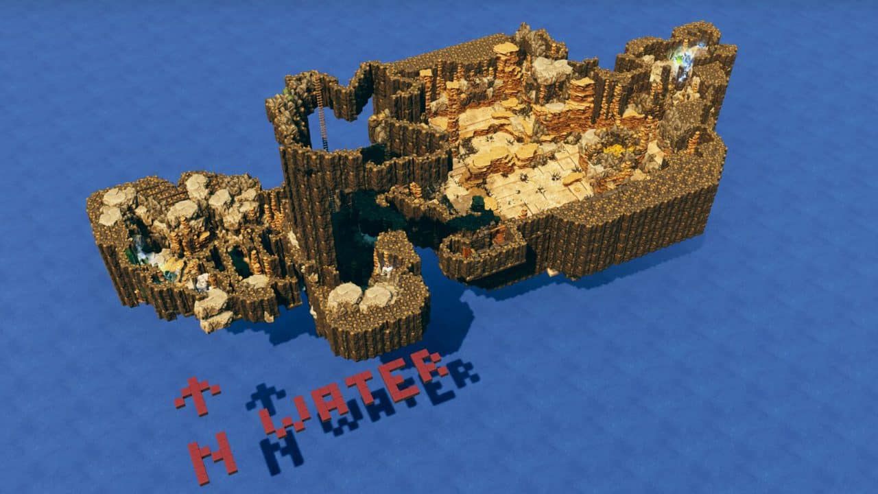 Cutaway overview of the cavern and lakebed with red water-height markers