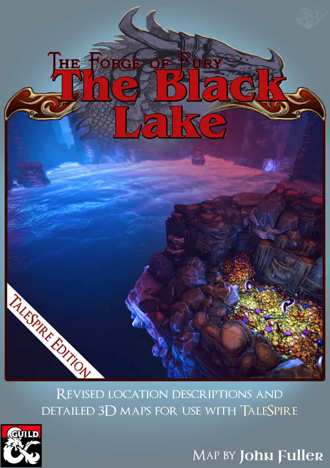 The Black Lake cover featuring an underground lake and a treasure hoard nestled among rocky ledges