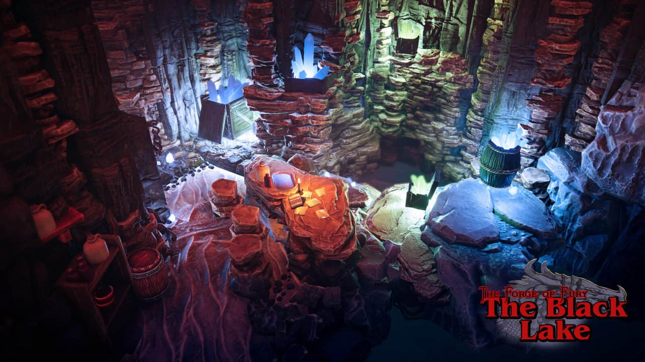 Subterranean negotiation chamber with a stone table, scattered papers and glowing crystals