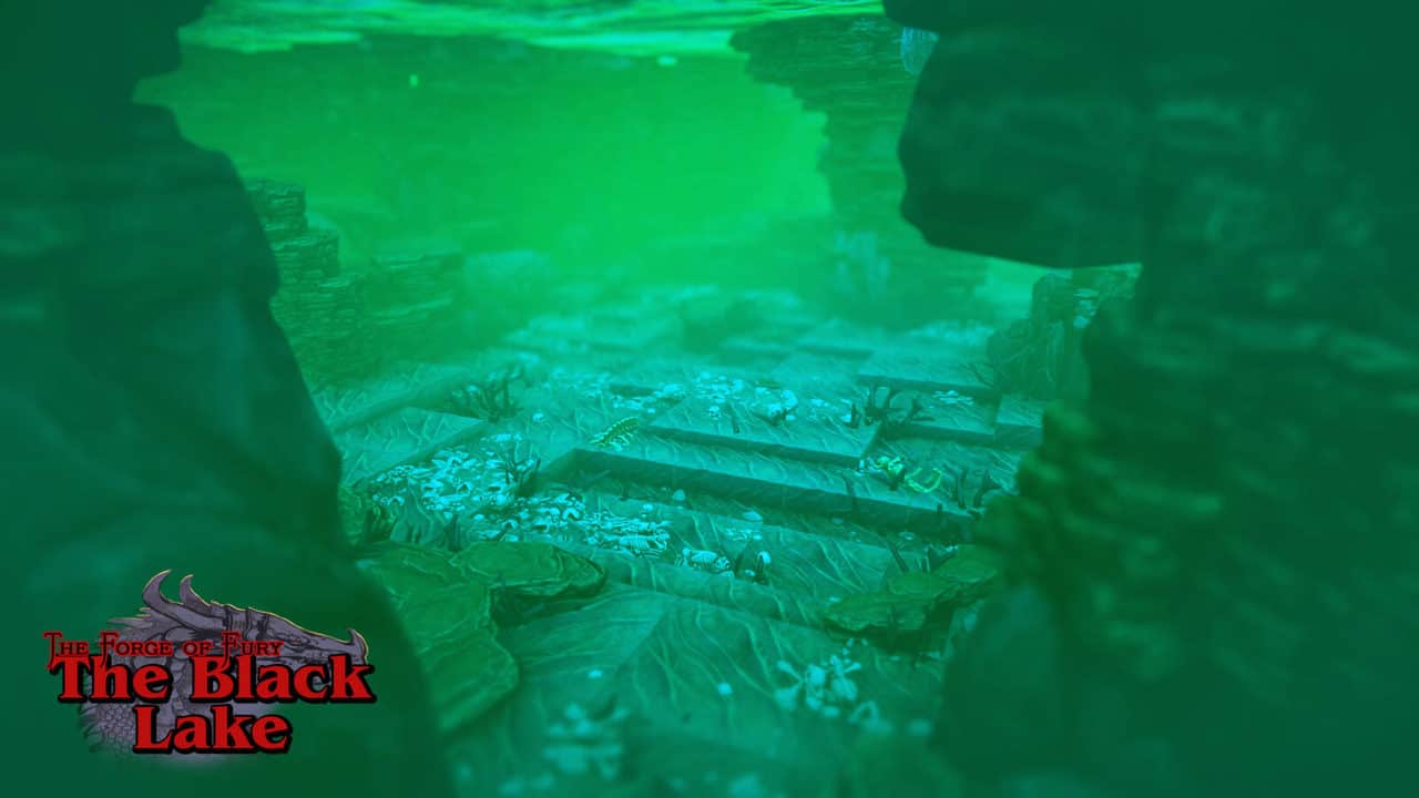 Green-lit underwater cavern strewn with bones and rocky ledges