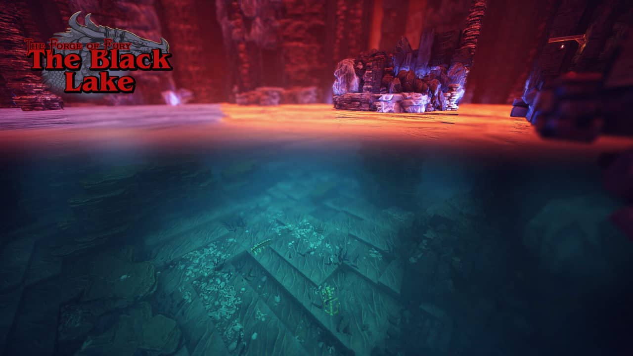 Split view above and below the lake surface, with red-lit cavern walls and submerged bones