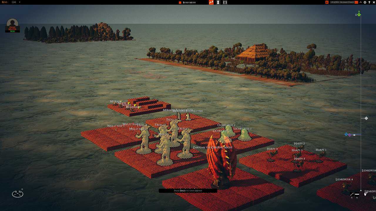 Board overview showing separated swamp scenes and prepared creature tokens beside environment blocks