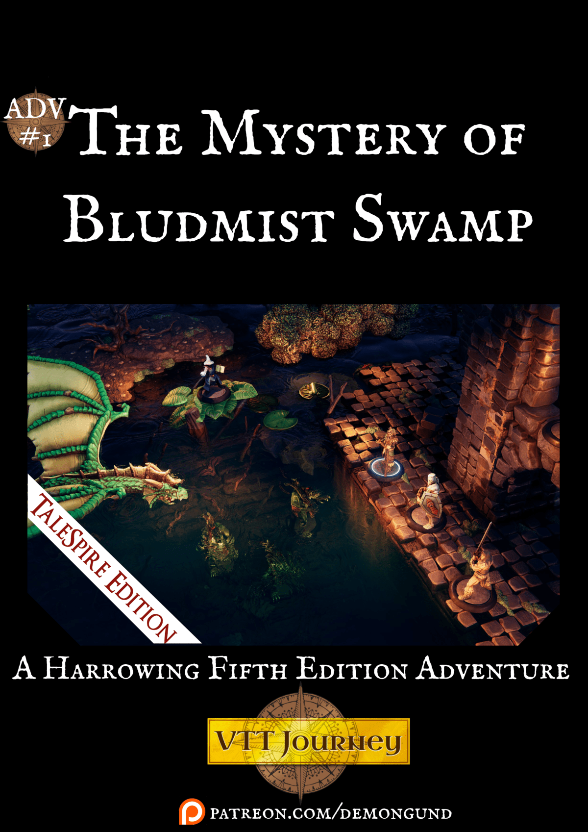 The Mystery of Bludmist Swamp adventure cover with heroes facing a green dragon beside torchlit swamp ruins