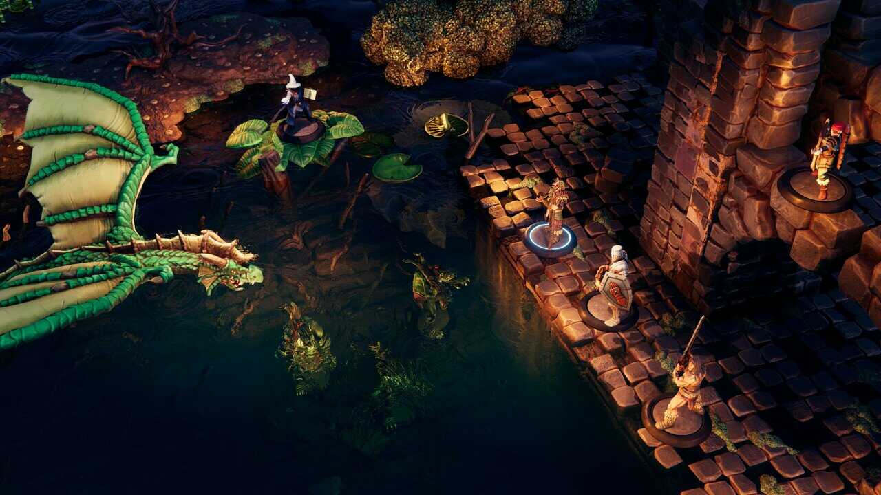 Green dragon confronting adventurers among flooded stone ruins and giant lily pads