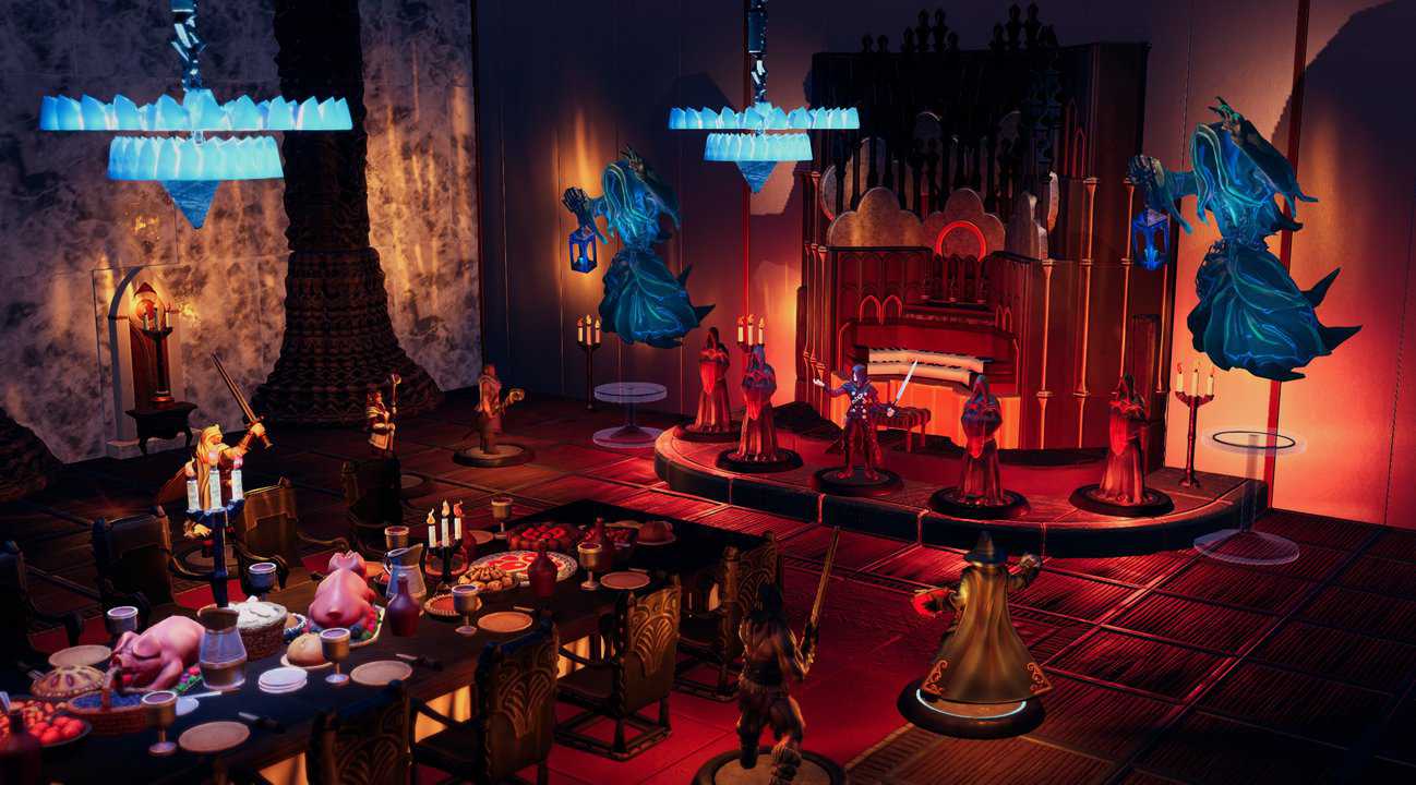 Adventurers facing Strahd beside a grand pipe organ in Castle Ravenloft's candlelit dining hall