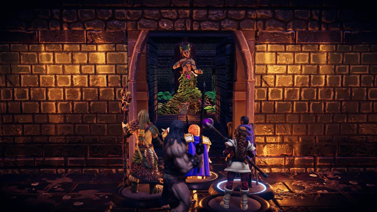 Party facing a plant-like caretaker through an illuminated doorway