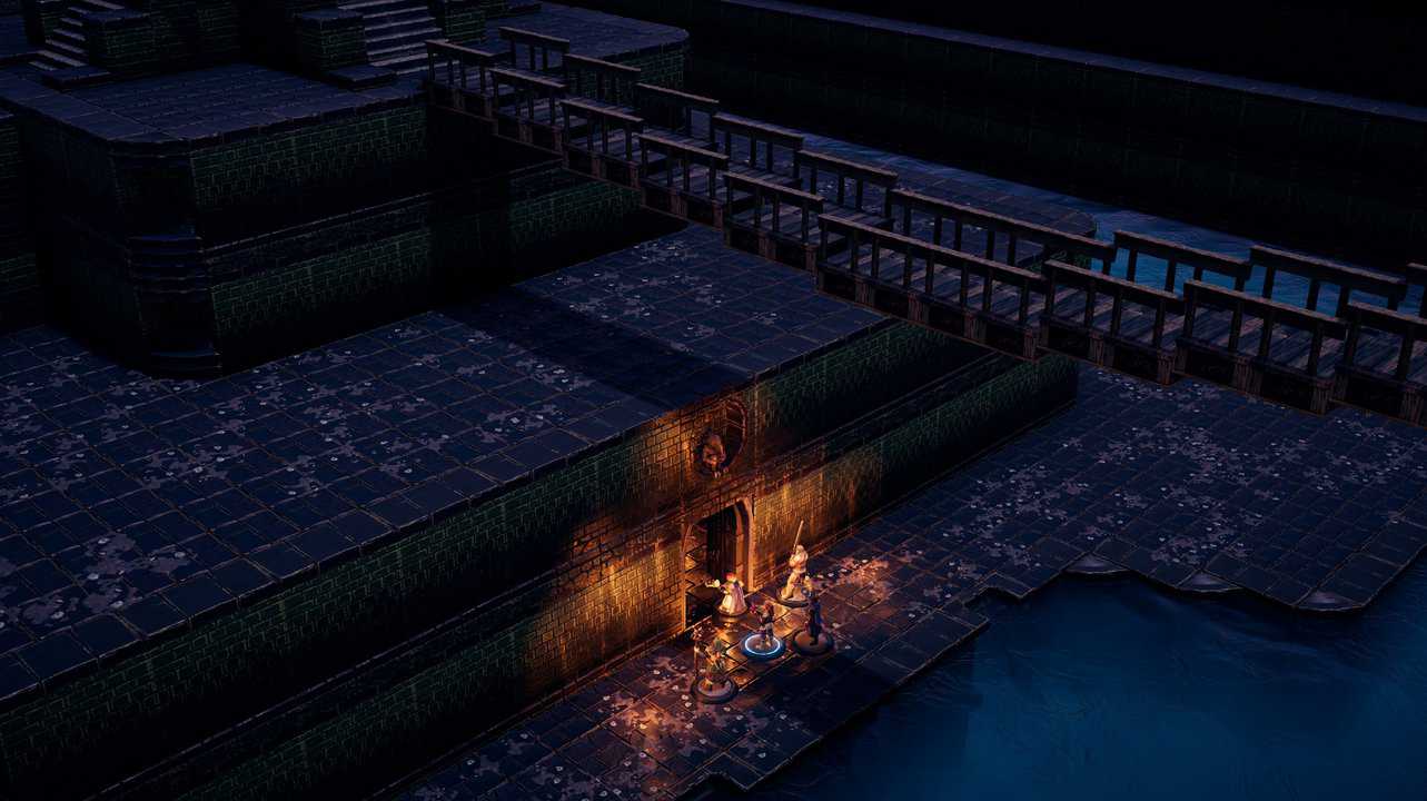 Party at a chamber doorway below a raised walkway beside the ziggurat