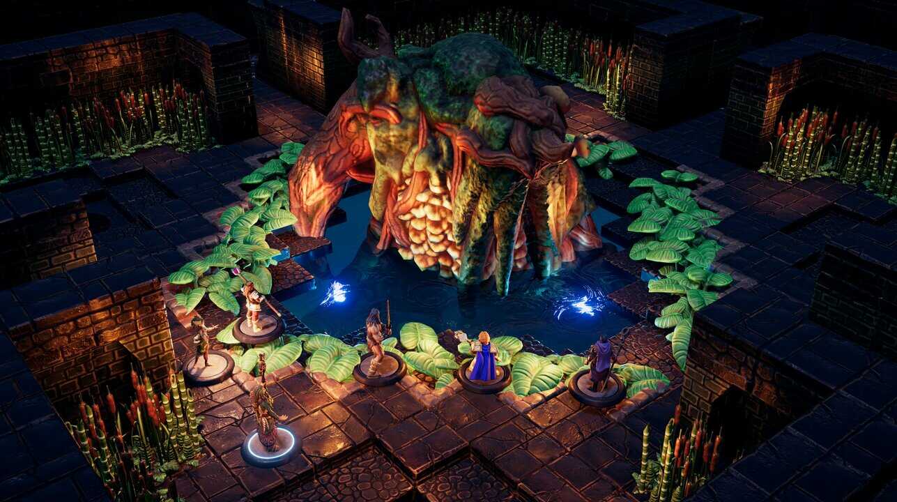 Giant plant-like creature rising from a pool surrounded by lily pads and adventurers