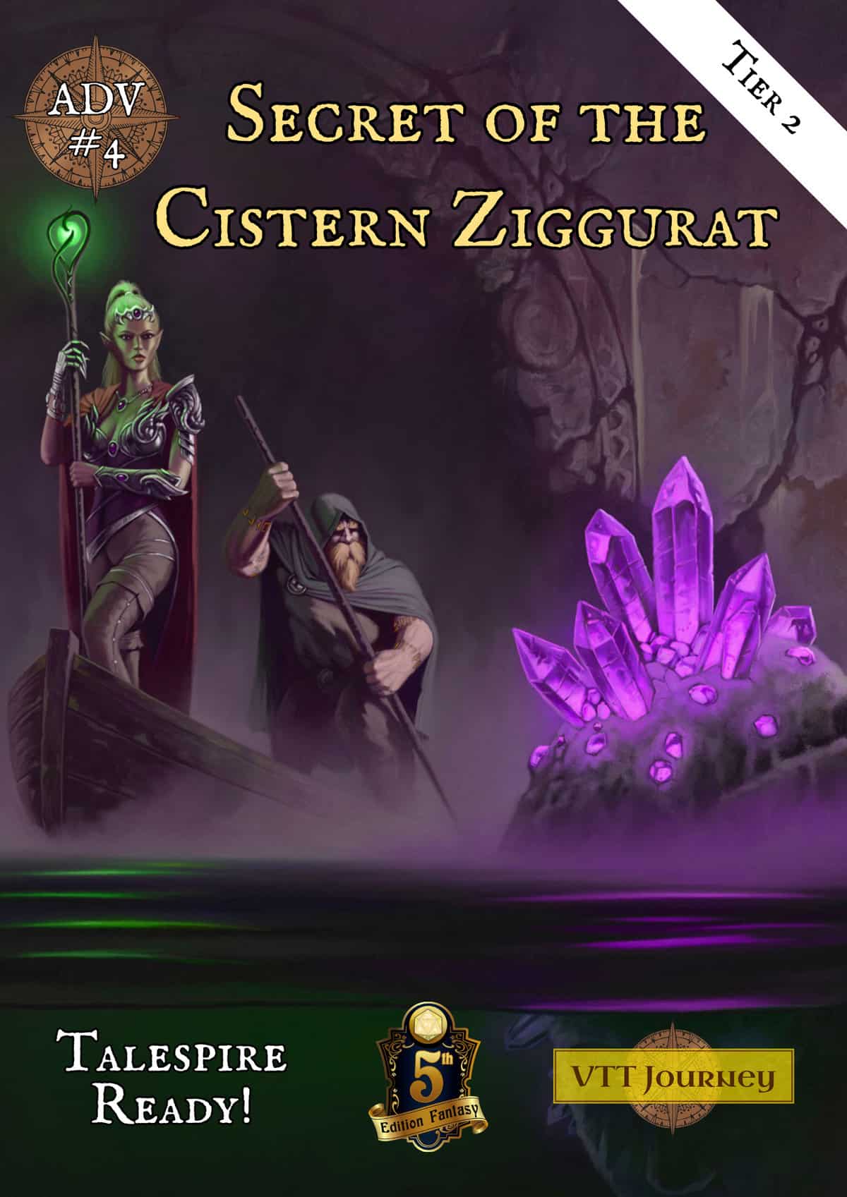 Secret of the Cistern Ziggurat adventure cover showing spellcasters and a purple crystalline creature in misty ruins