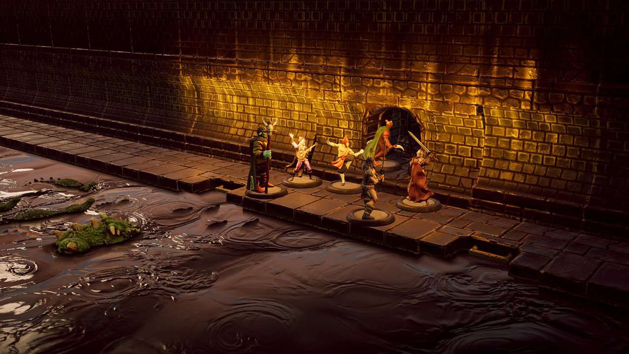 Adventurers on a torchlit sewer walkway with crocodiles in the water below