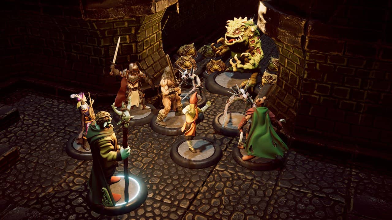 Party confronting a large amphibious creature and smaller foes in a brick sewer tunnel