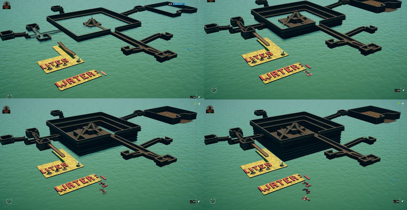 Four-panel overview showing the ziggurat and surrounding passages exposed as water levels descend