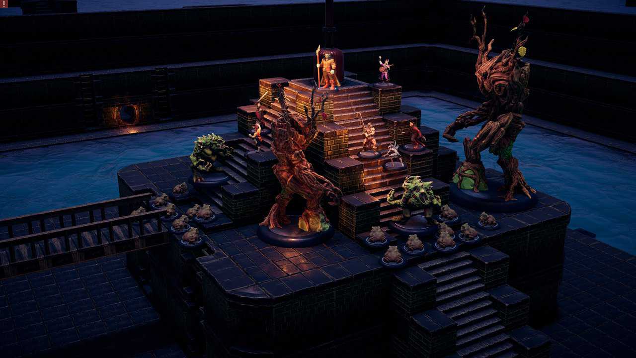 Adventurers and monstrous creatures battling on a stepped ziggurat surrounded by water