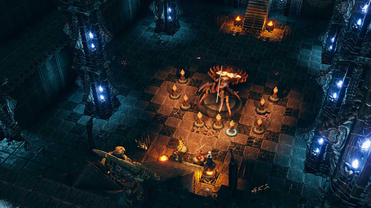 Adventurers approaching a monstrous foe in the dark Corrupt Sanctum beneath blue-lit pillars