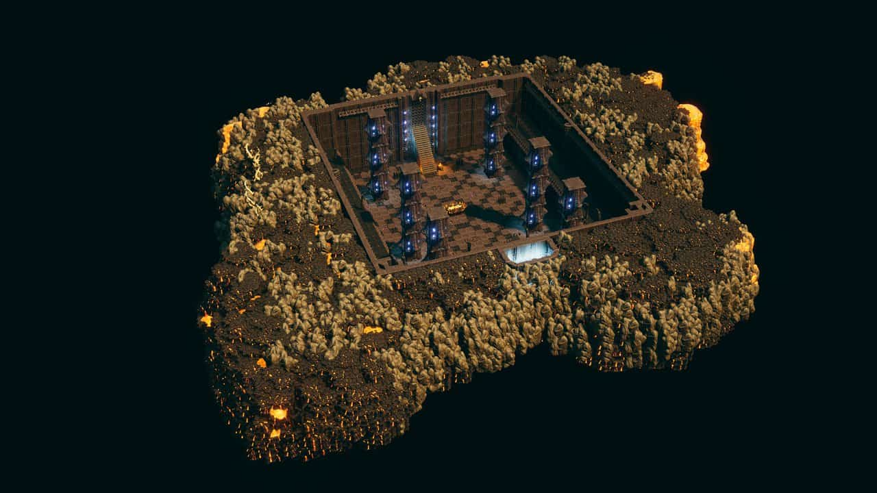 Full Corrupt Sanctum layout with dark pillars and glowing fissures around its rocky perimeter