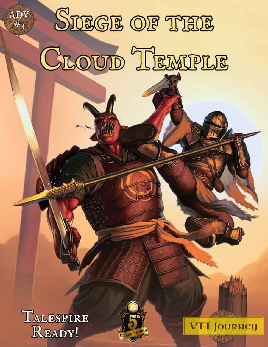 Siege of the Cloud Temple adventure cover showing an armored hero battling a horned warrior beneath a temple gate