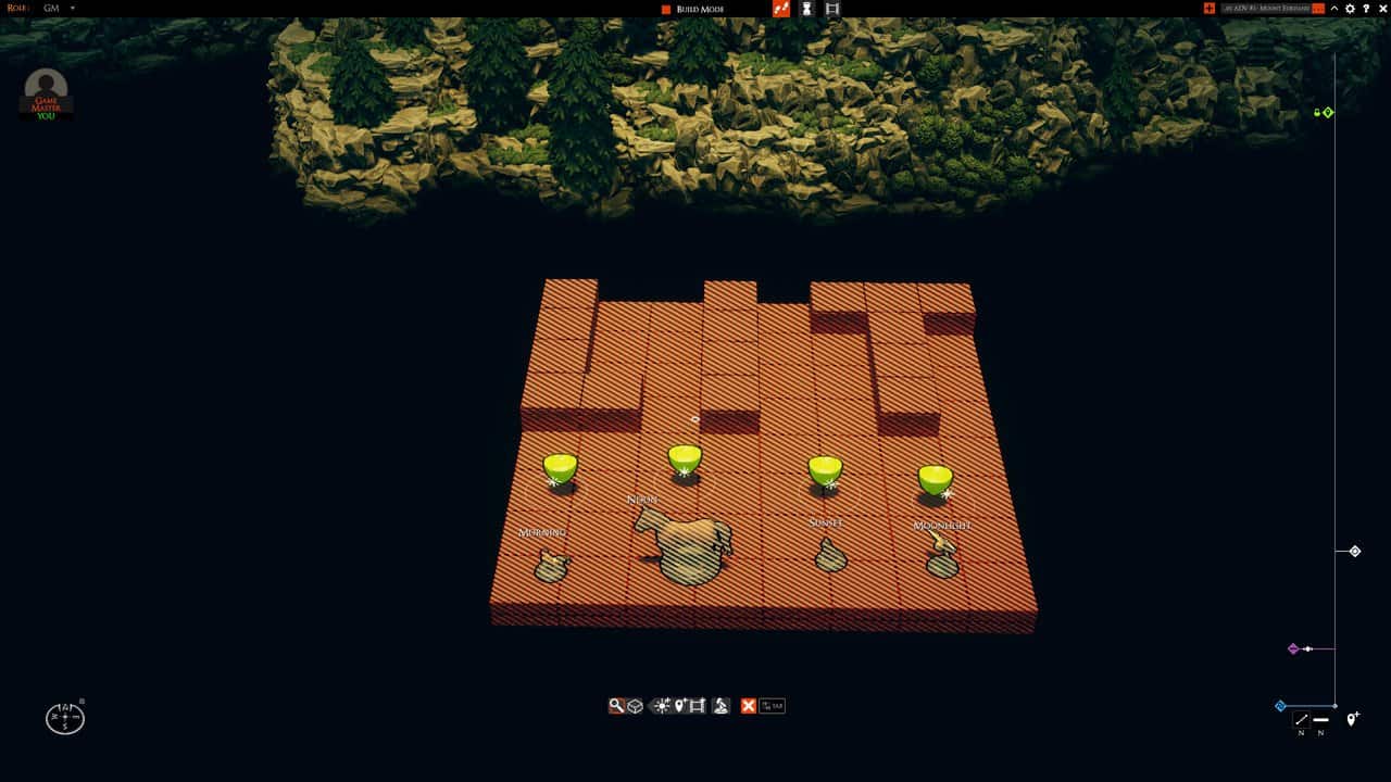 Prepared environment blocks with morning, noon, sunset and moonlight settings beside the mountain