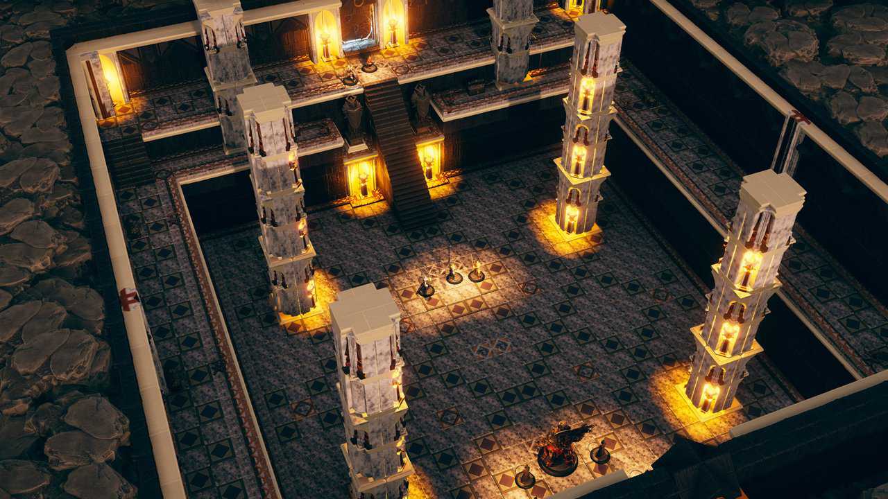 Holy Sanctum interior with tall pale pillars, golden lights, balconies and a central stairway