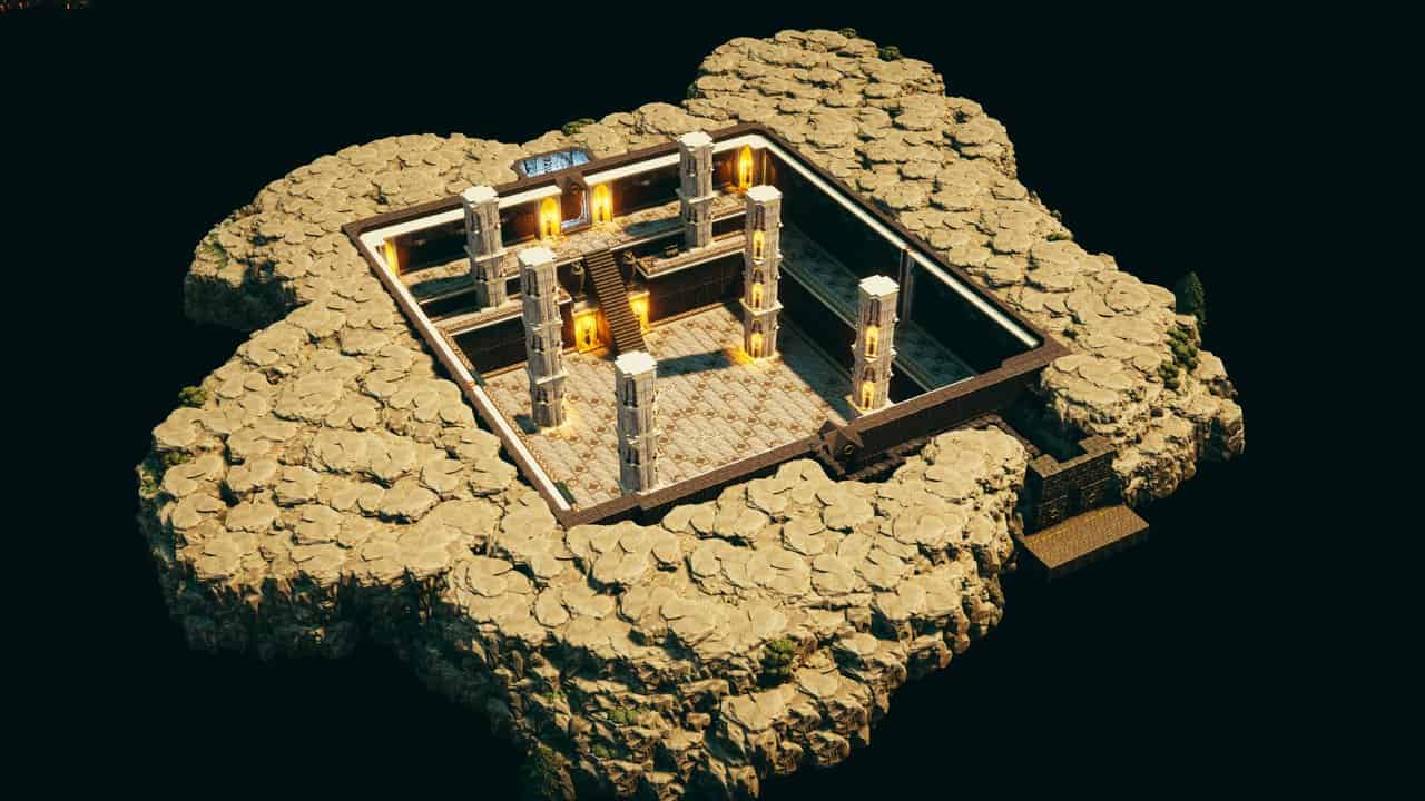 Full Holy Sanctum layout showing its illuminated pillars and surrounding mountain rock