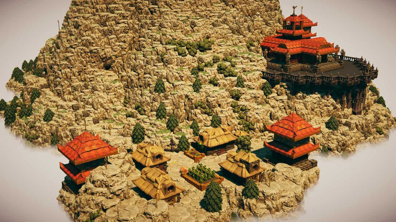 Mountain village and red-roofed towers below the Cloud Temple on rocky slopes
