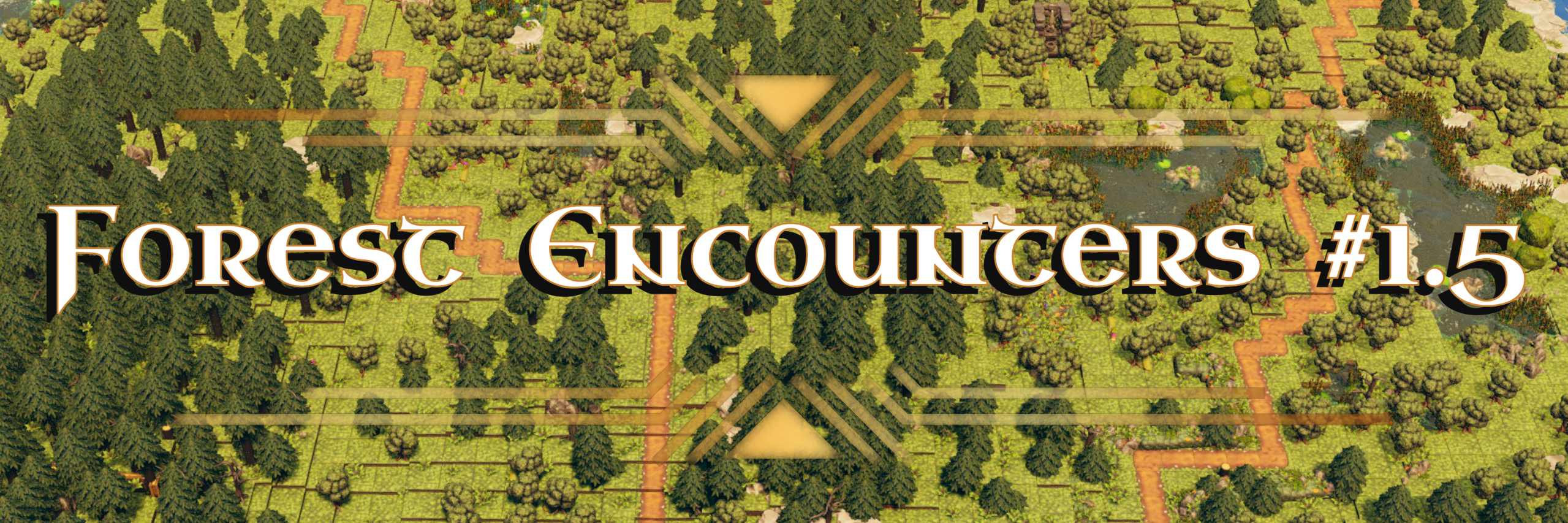 Forest Encounters 1.5 title artwork over a wooded board with winding dirt paths