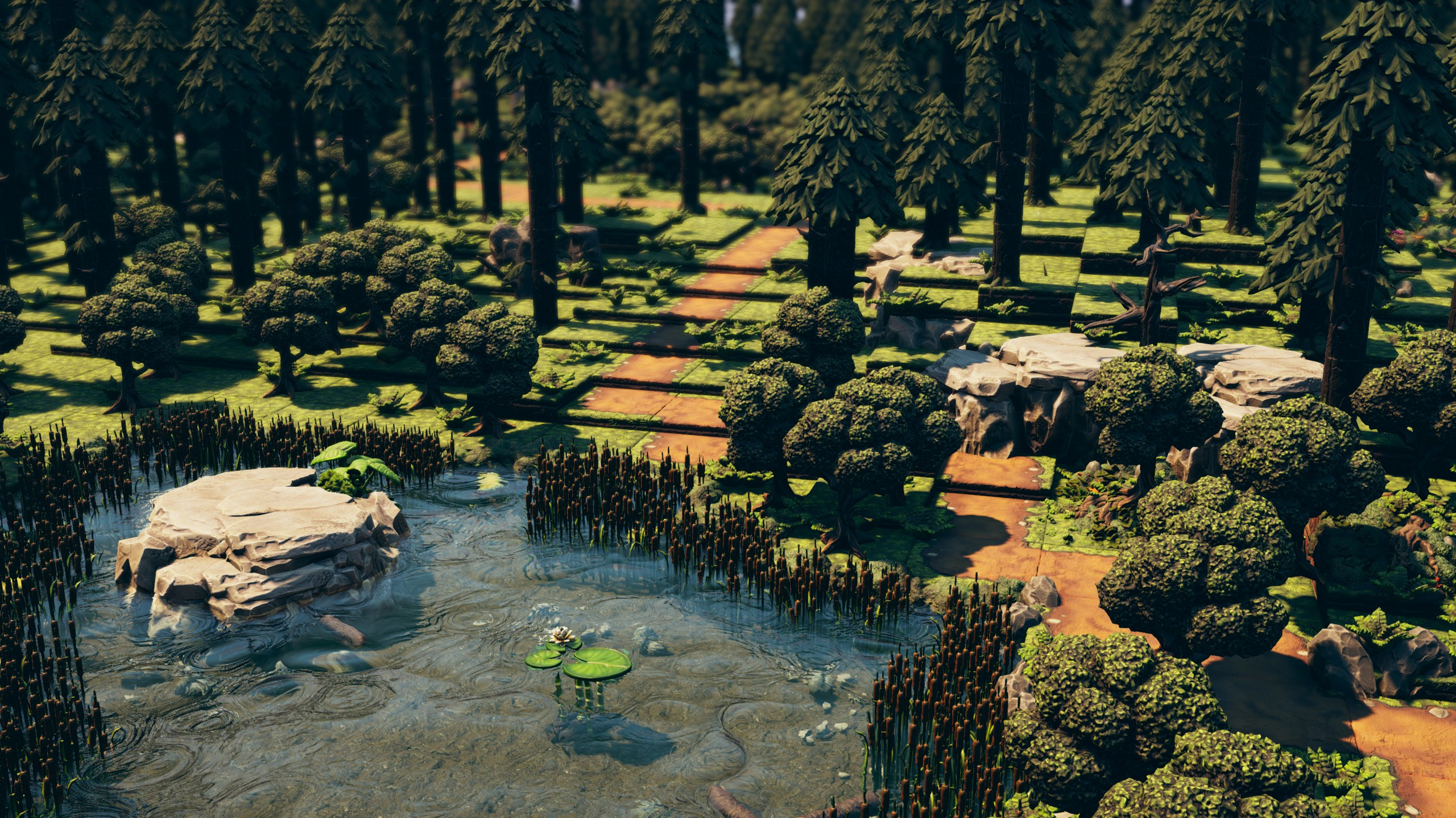 A rocky woodland pond with lily pads and reeds beside a dirt path through tall trees