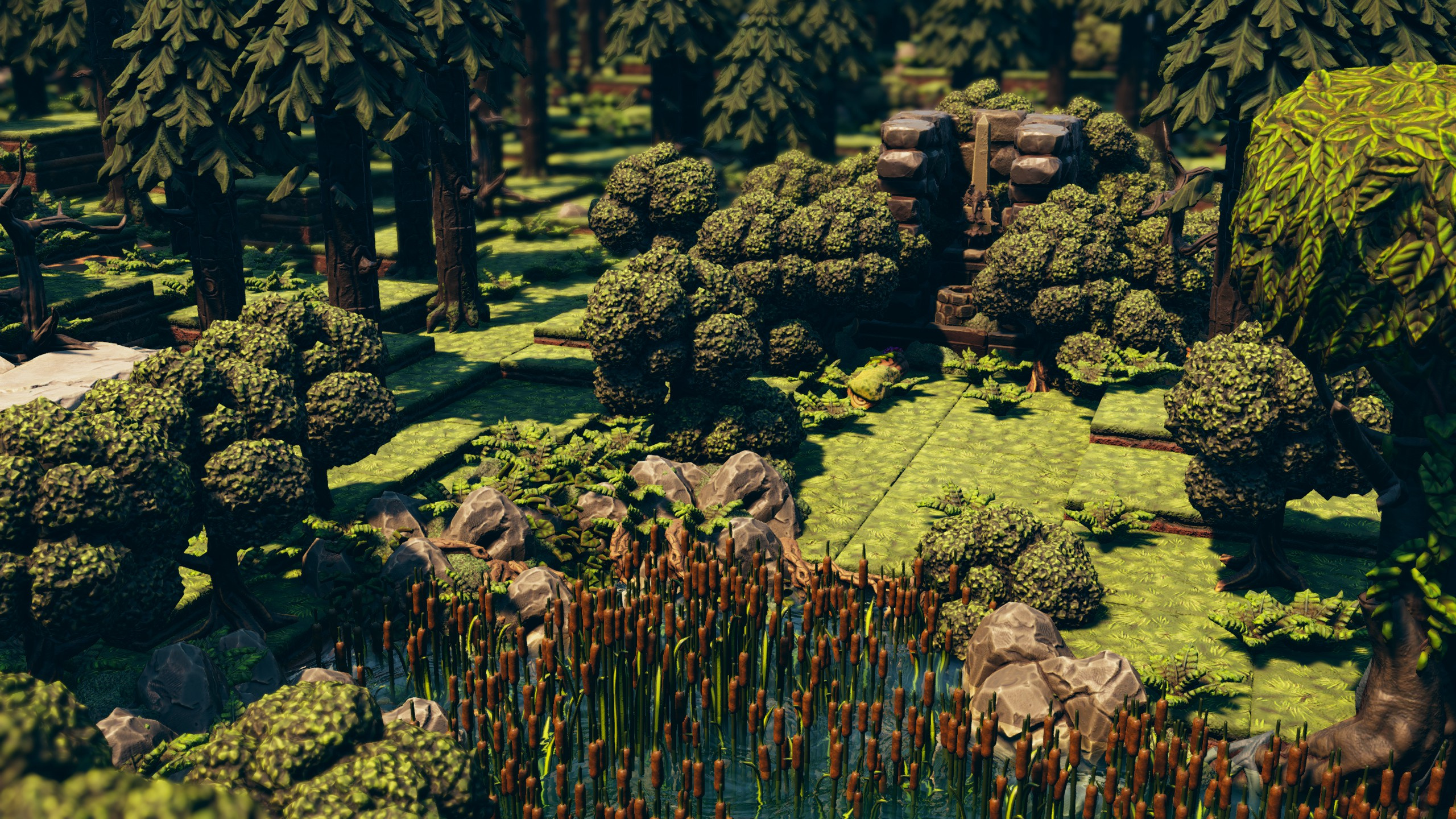 A small stone shrine hidden among dense trees above a reed-filled pond