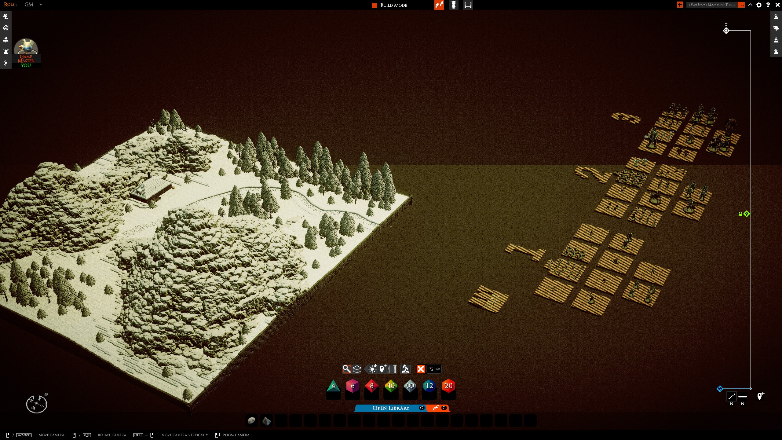 The mountain board in build mode beside numbered token staging areas for Tiers 1, 2 and 3
