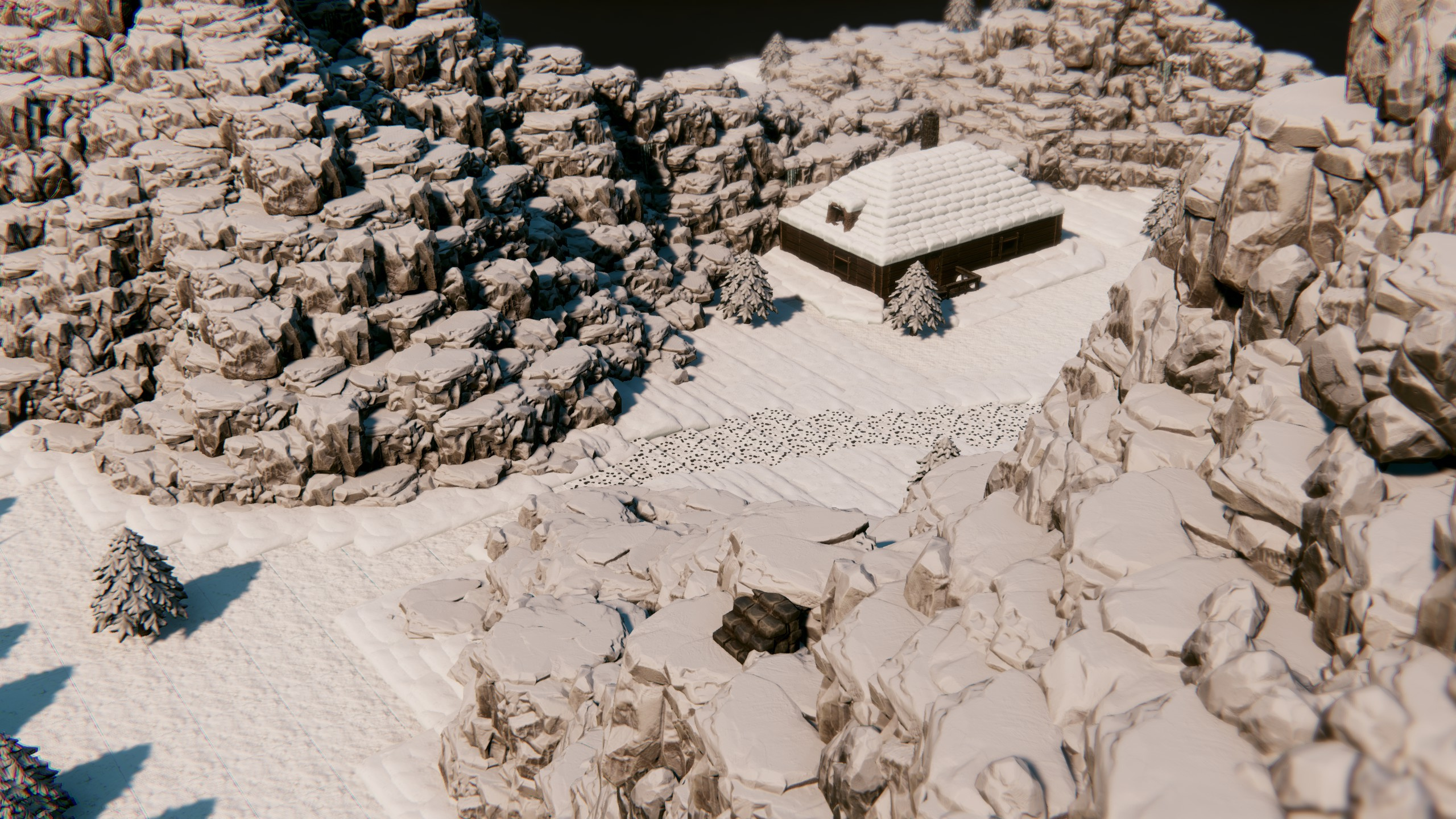 The snowy mountain cabin nestled among rocky outcrops
