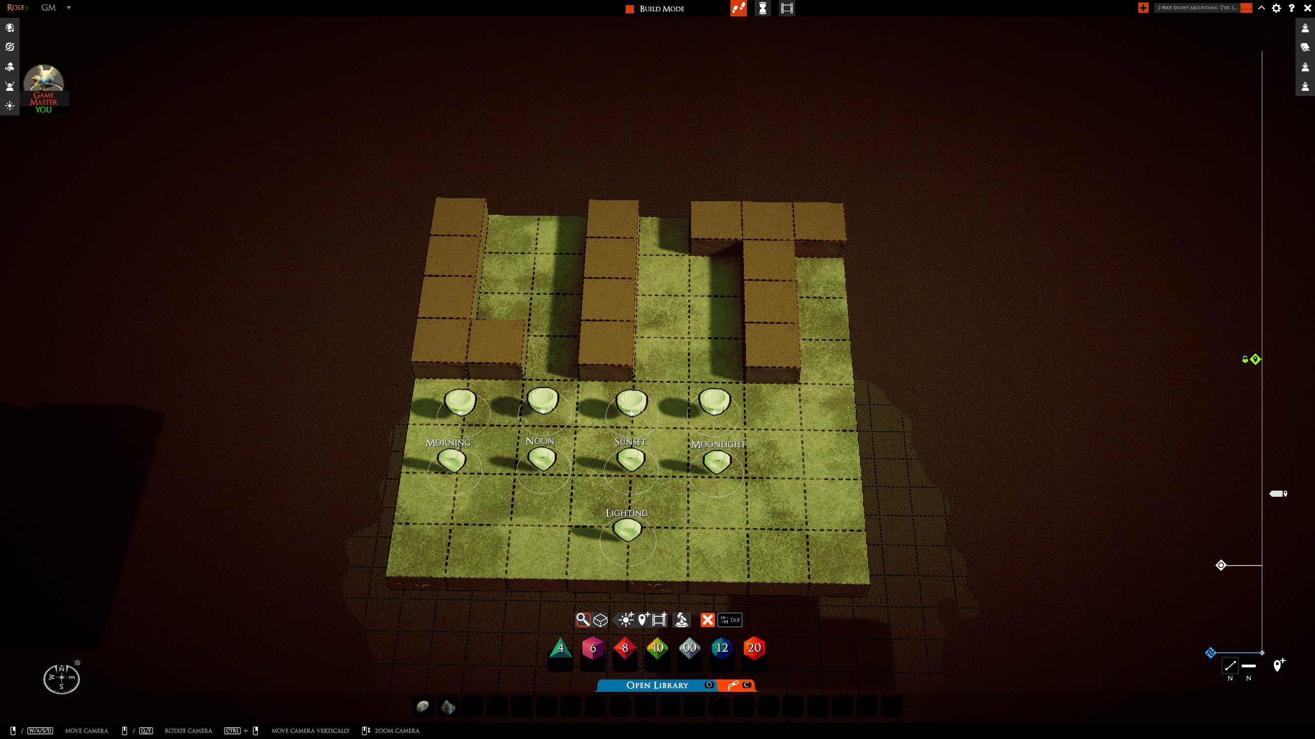 Environment blocks for setting the time of day, laid out beside the board
