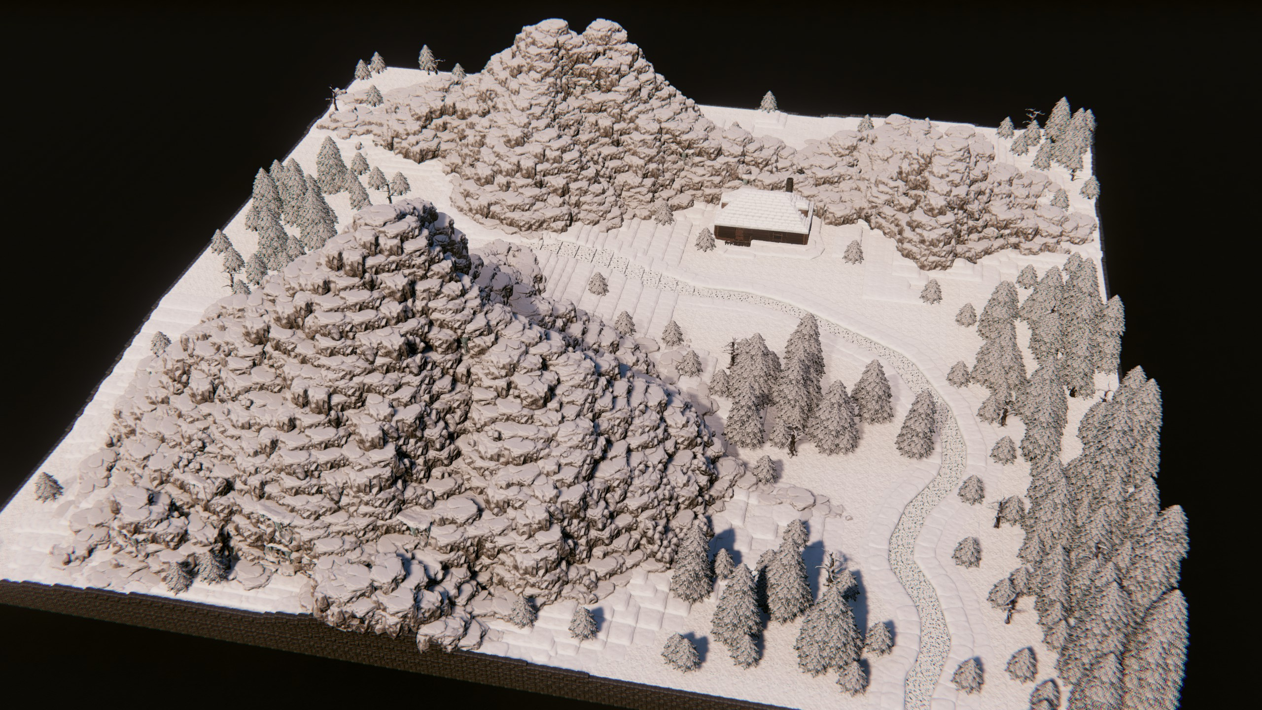 Overview of the snowy mountain pass with forests, cliffs and the cabin