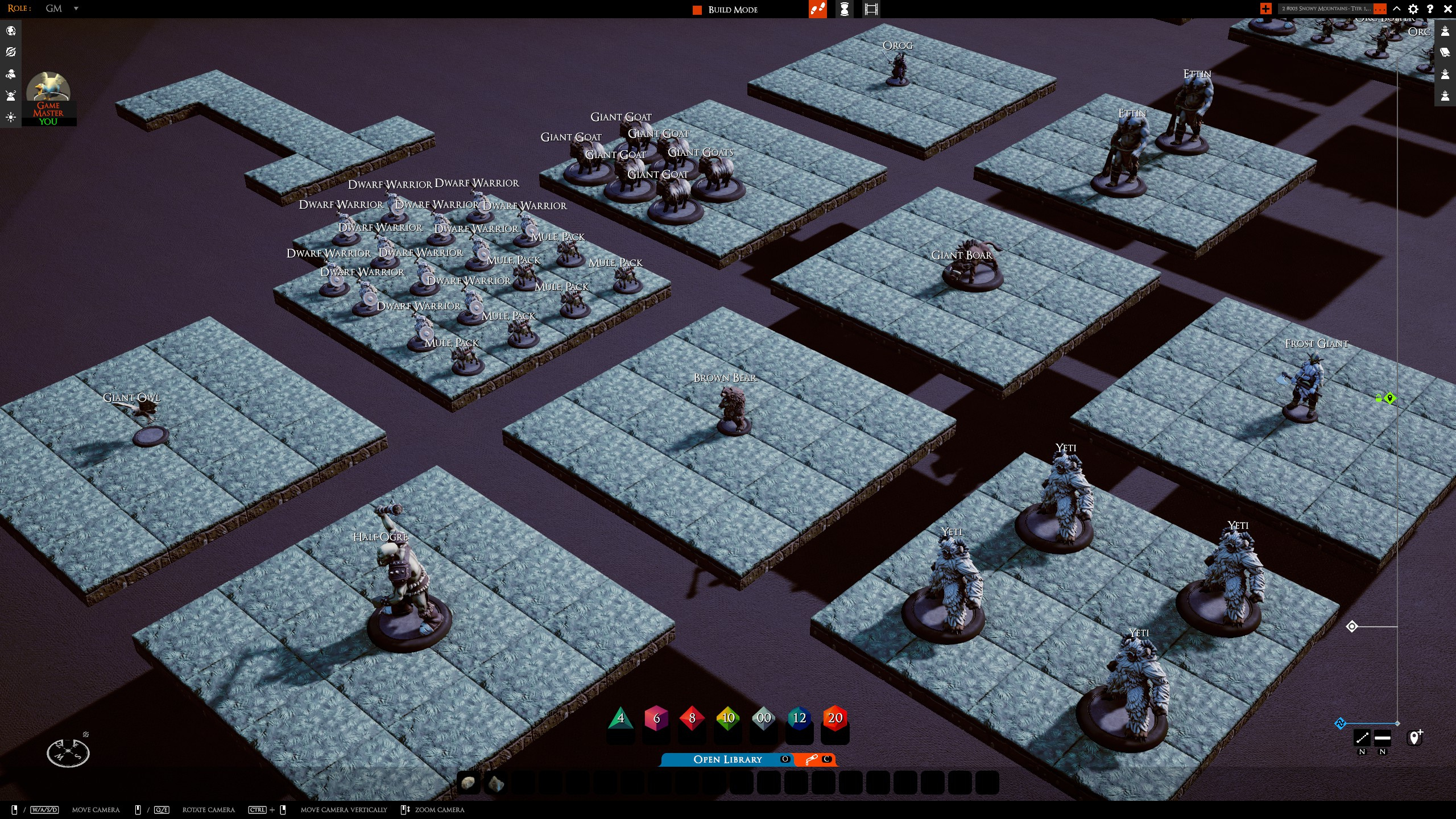 Game-ready dwarf and giant tokens arranged on staging tiles