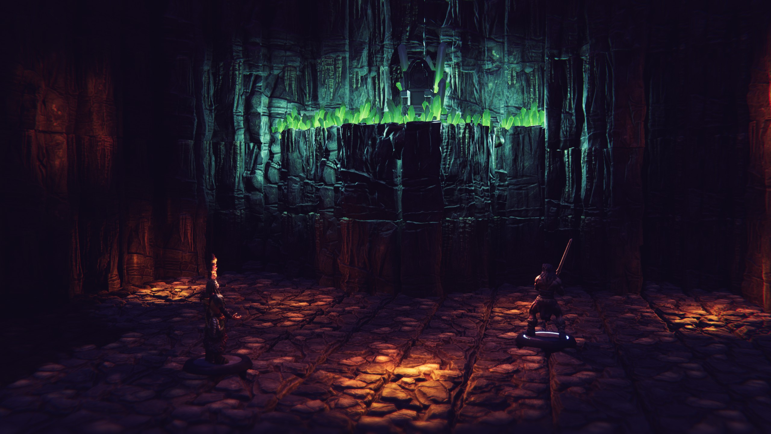 Adventurers facing an eerie green-lit wall in the evil altar chamber
