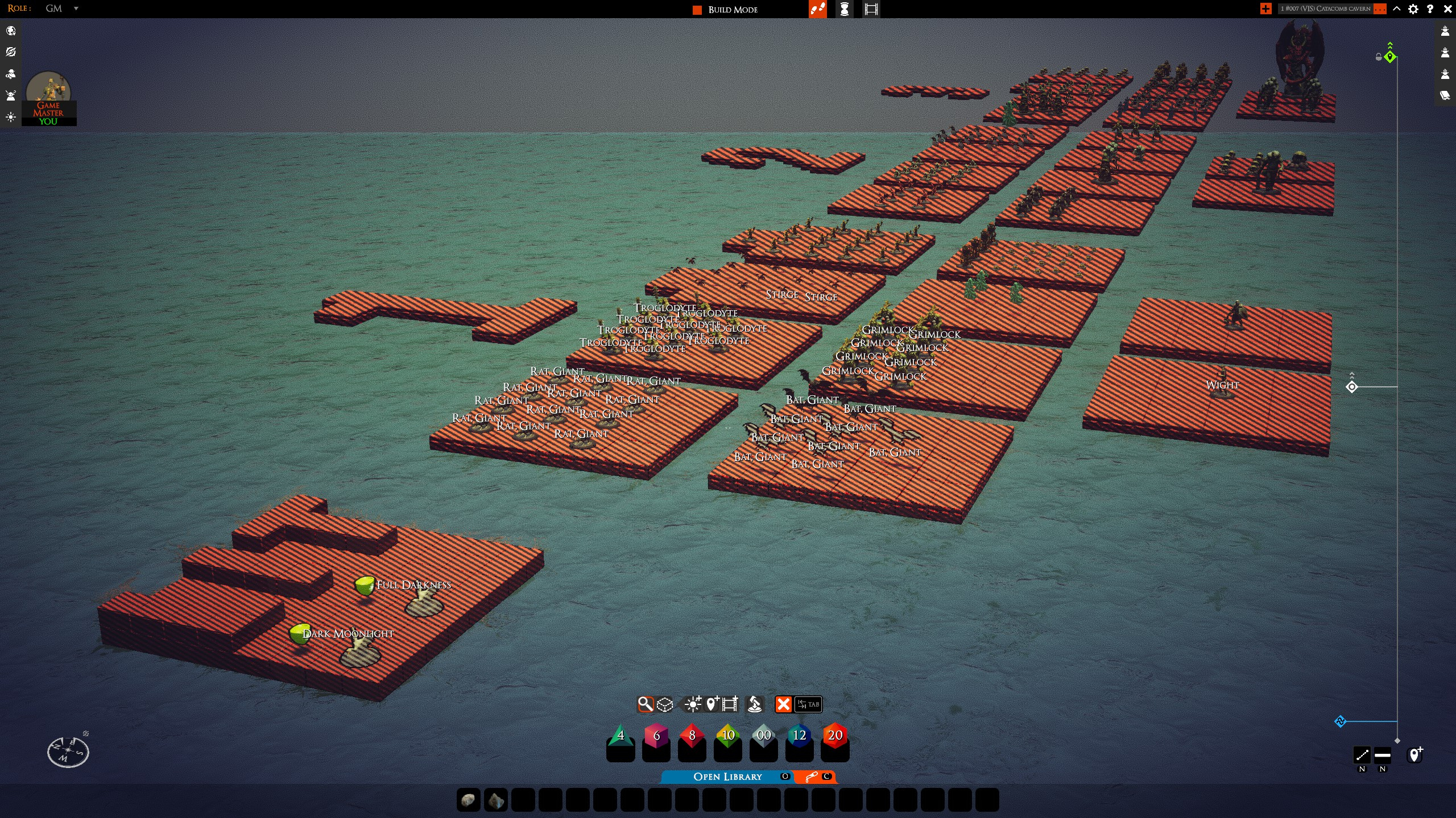 Game-ready creature tokens arranged on staging tiles beside the caverns