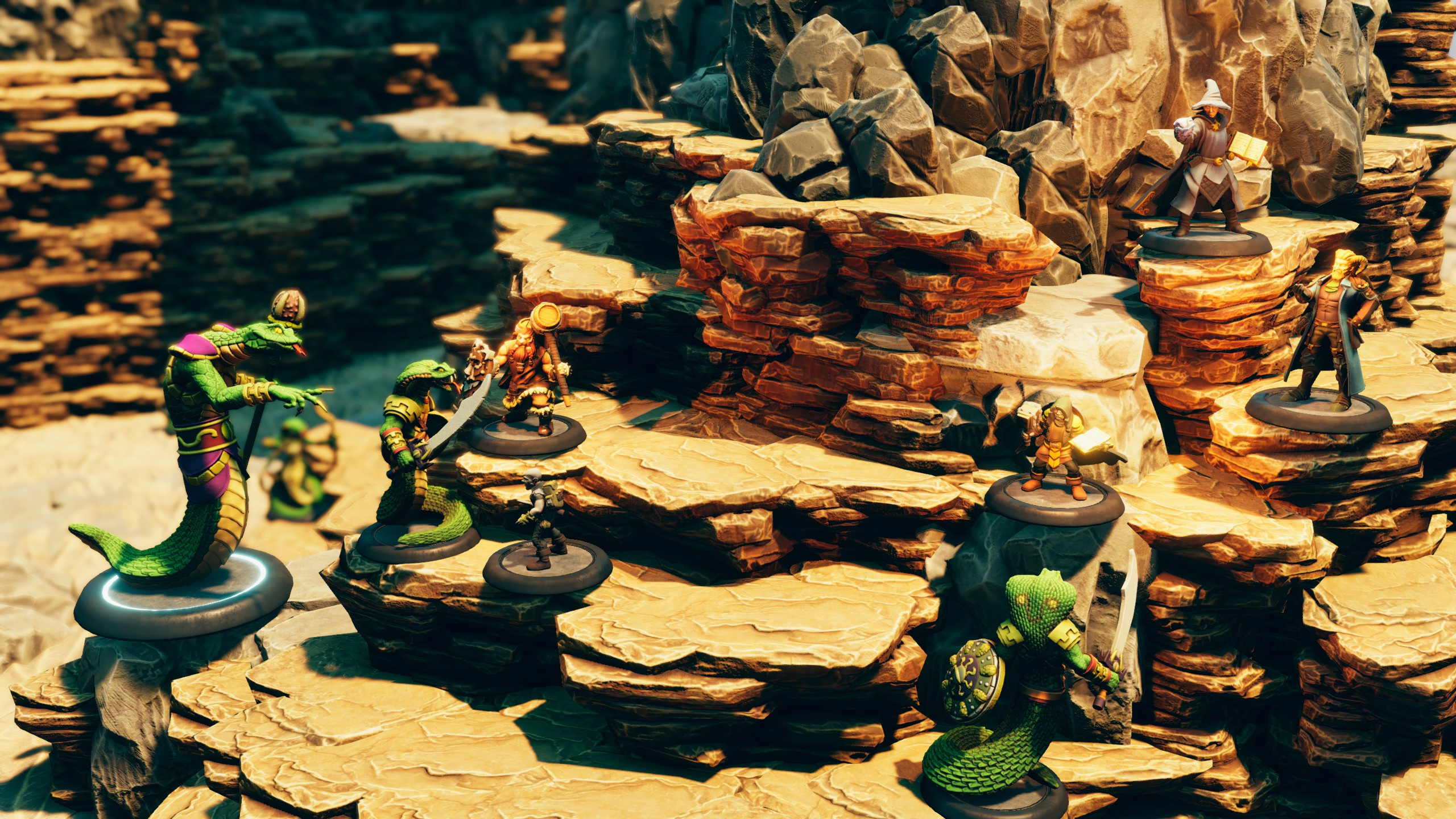 Adventurers and serpent folk clashing across layered sandstone ledges