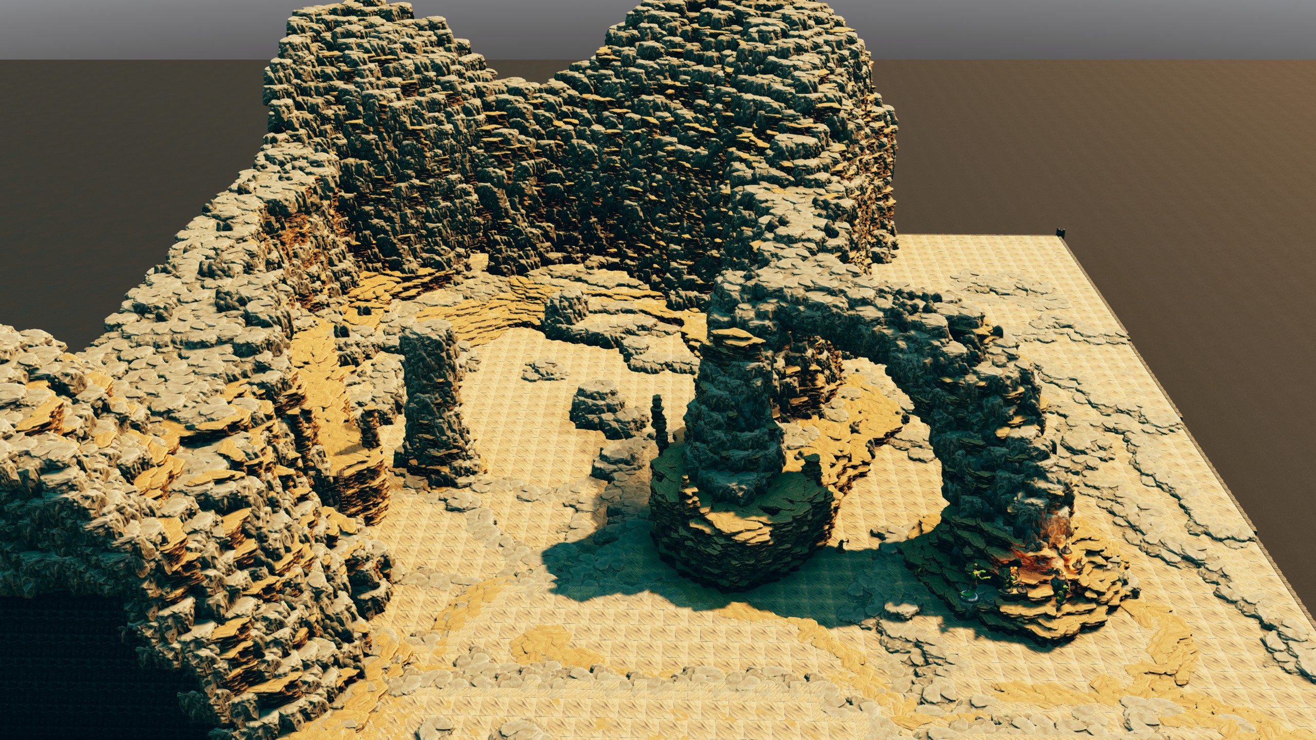 A massive rock arch rising over the sandy desert floor