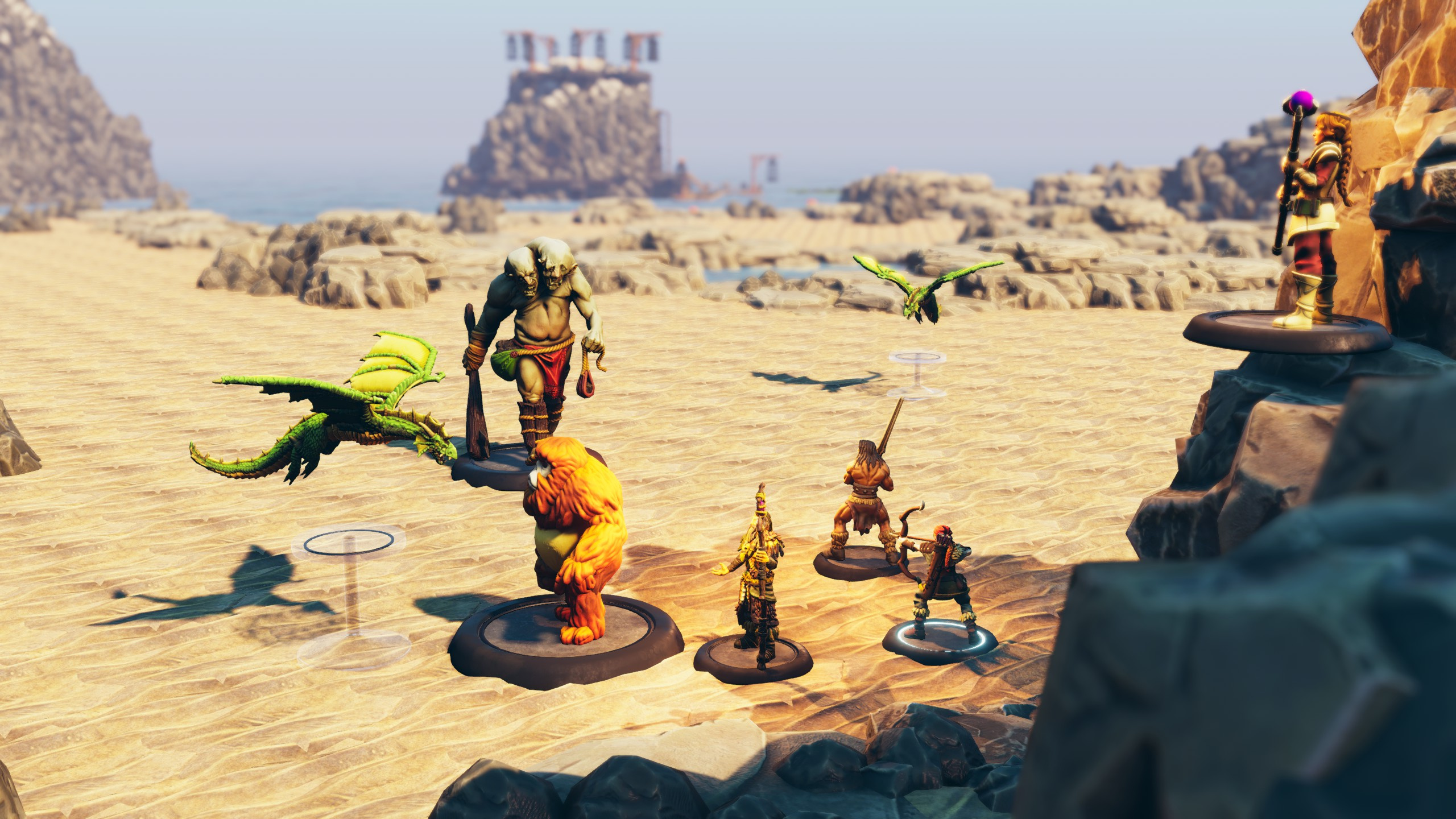 Adventurers facing an ogre and green drakes on the sandy beach