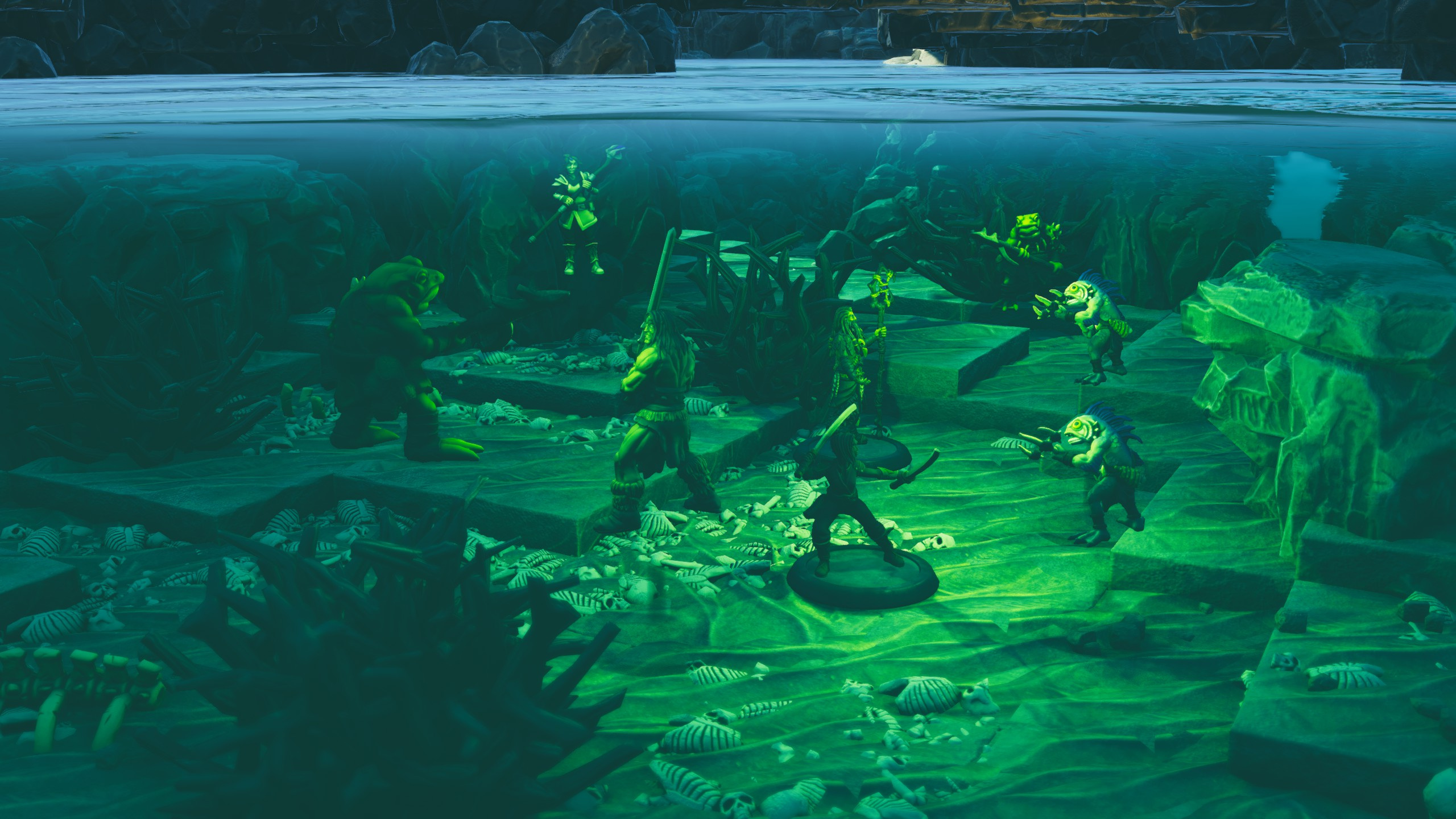 Creatures lurking in the green glow of the underwater cave