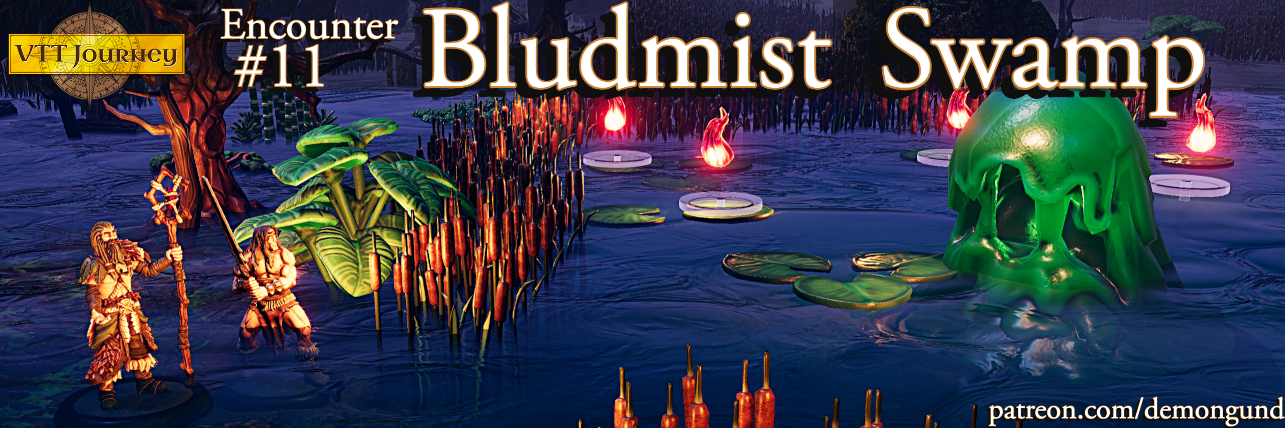 Encounter 11 Bludmist Swamp title artwork with adventurers wading toward glowing wisps and a green ooze