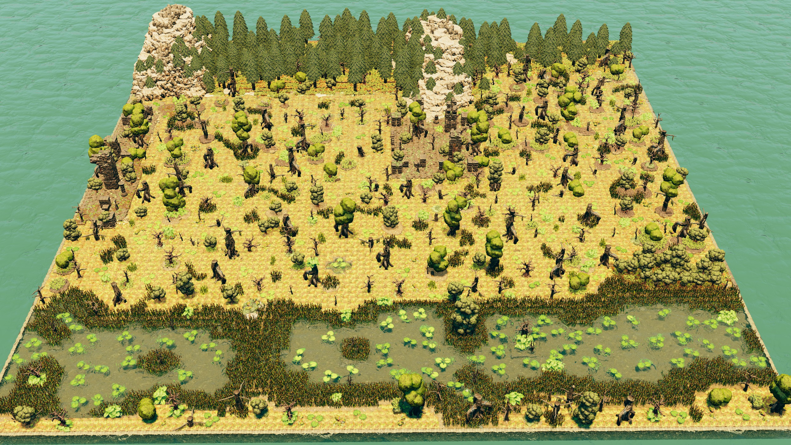 Overview of the swamp board with marshy pools, trees and a rocky ridge