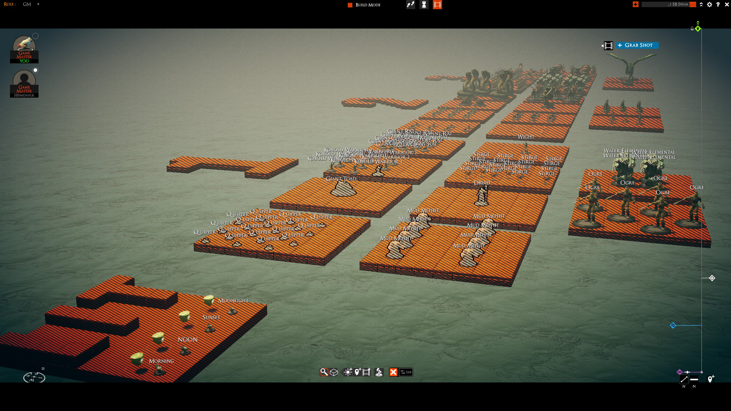 Game-ready creature tokens arranged on staging tiles beside the board