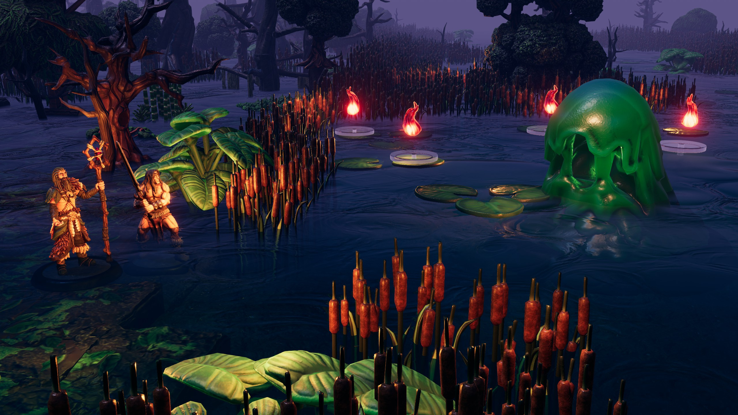 Adventurers wading through cattails toward glowing wisps and a green ooze at night